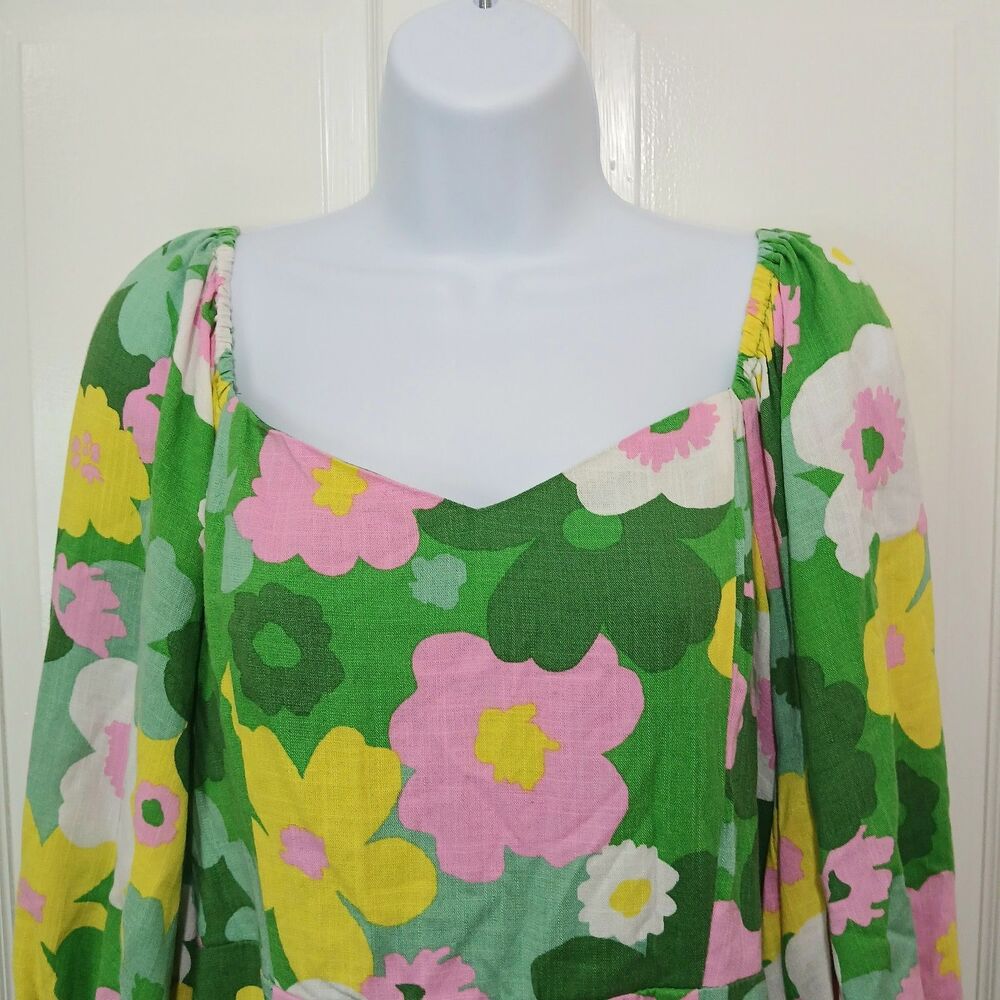 Sugarlips Women's Large Green Floral Mini Dress Puff Sleeve Square Neck - Picture 6 of 16